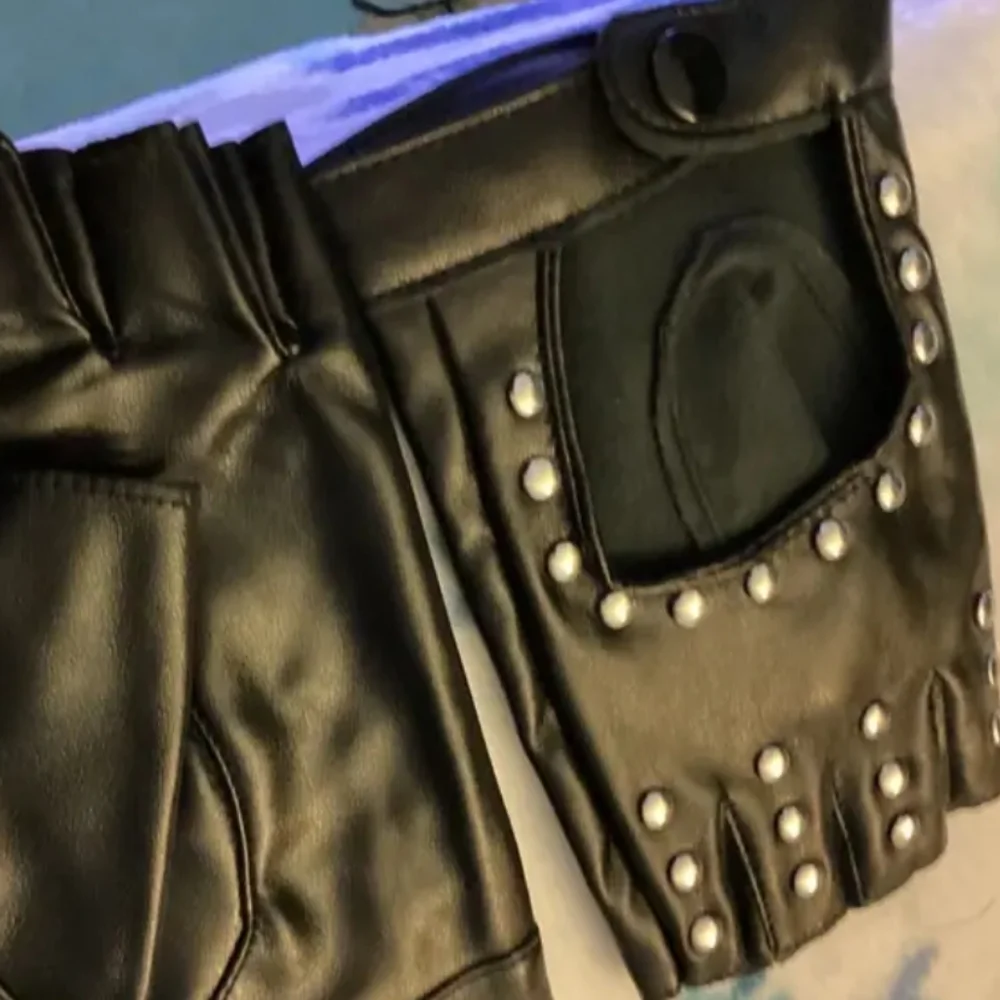 Black Faux Leather Studded Fingerless Gloves W/Snap Button Wrist Closure (OS)